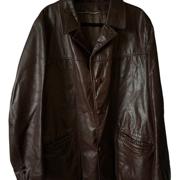 Vintage Brown Leather Coat Felt Lined Pockets Button Closure Mid-Length Size XL - Picture 1 of 7